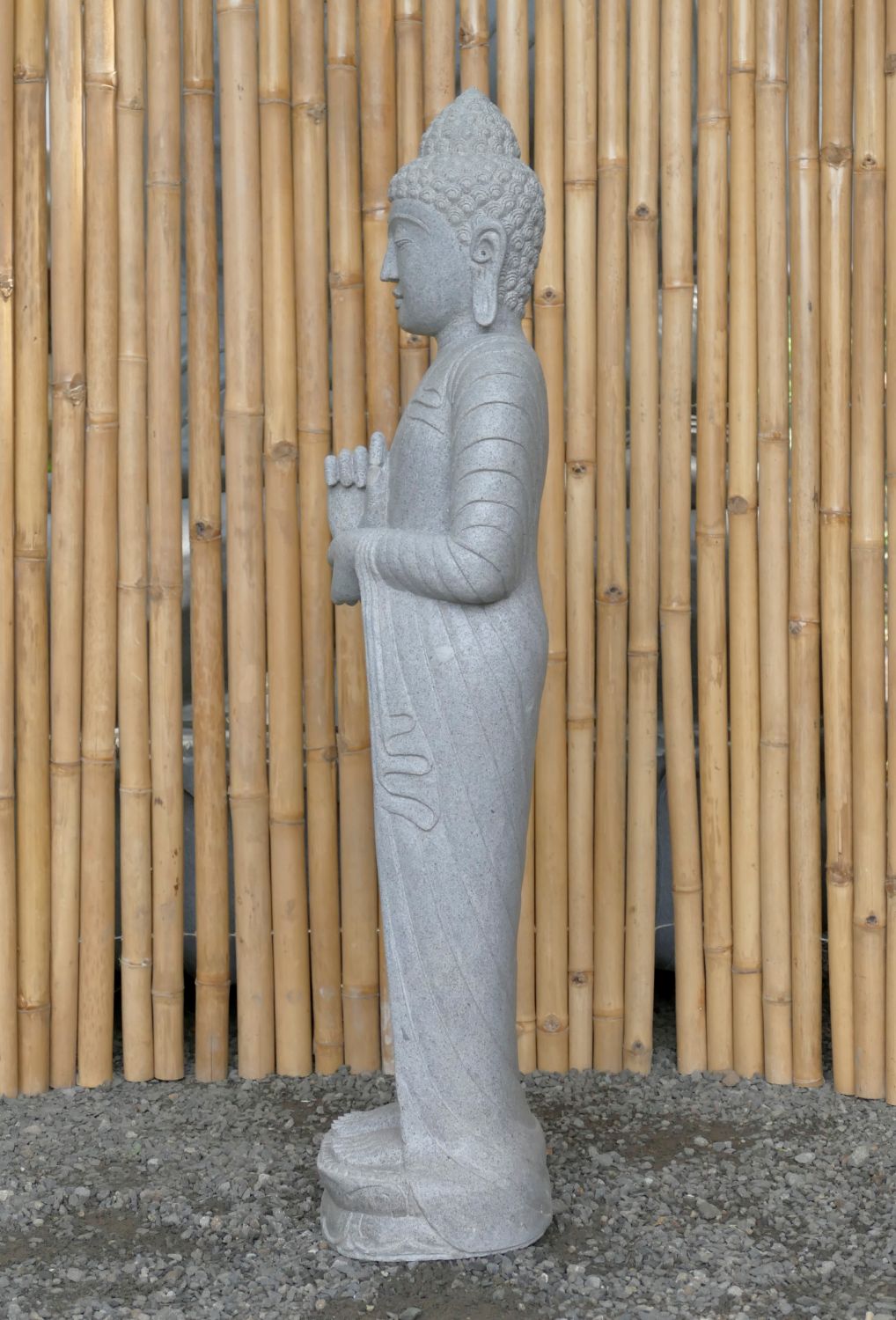  Product image 6 of the product “Standing Buddha made of Riverstone in Dharmachakra position - gesture of wheel of the teaching of Dharma. About 126cm height ”